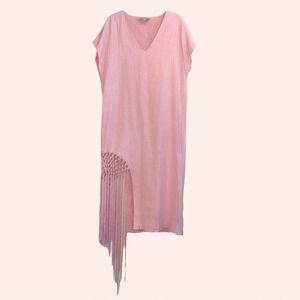 CIEBON Pink Linen Dress Women’s S Asymmetrical Pink Fringed V-neck